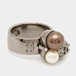 Pre Owned Chanel CC Faux Pearl Crystals Gunmetal Tone Ring Size 54