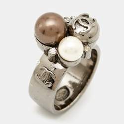 Pre Owned Chanel CC Faux Pearl Crystals Gunmetal Tone Ring Size 54