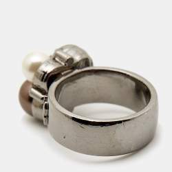 Pre Owned Chanel CC Faux Pearl Crystals Gunmetal Tone Ring Size 54