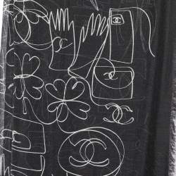 Chanel Black Camellia CC Print Cashmere Shawl