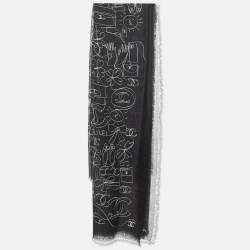 Chanel Black Camellia CC Print Cashmere Shawl