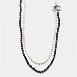 Pre Owned Chanel CC Faux Pearl Black Beaded Resin Gold Tone Long Necklace