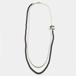 Pre Owned Chanel CC Faux Pearl Black Beaded Resin Gold Tone Long Necklace