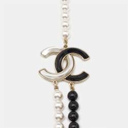 Pre Owned Chanel CC Faux Pearl Black Beaded Resin Gold Tone Long Necklace