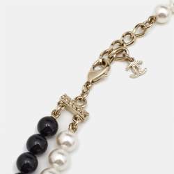 Pre Owned Chanel CC Faux Pearl Black Beaded Resin Gold Tone Long Necklace