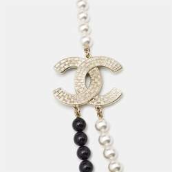 Pre Owned Chanel CC Faux Pearl Black Beaded Resin Gold Tone Long Necklace