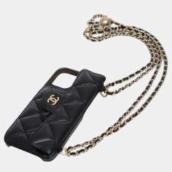Chanel Black Lambskin Quilted iPhone 12Pro Chain Case