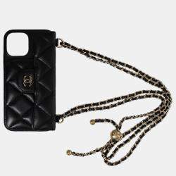 Chanel Black Lambskin Quilted iPhone 12Pro Chain Case