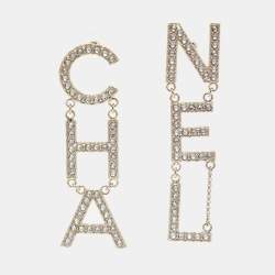 Pre Owned Chanel Pale Gold Tone Crystal Studded Logo Drop Earrings