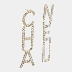 Pre Owned Chanel Pale Gold Tone Crystal Studded Logo Drop Earrings