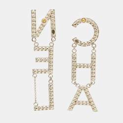 Pre Owned Chanel Pale Gold Tone Crystal Studded Logo Drop Earrings