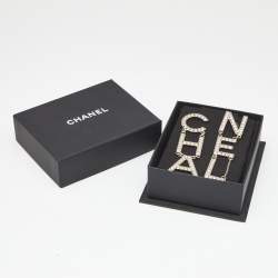 Pre Owned Chanel Pale Gold Tone Crystal Studded Logo Drop Earrings
