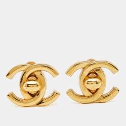 Chanel CC VIntage Turn Lock Gold Tone Clip on Earrings
