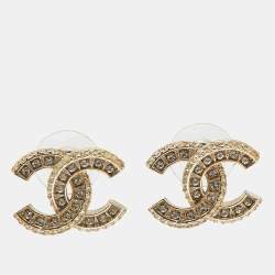 Pre Owned Chanel CC Crystals Enamel Gold Tone Earrings 