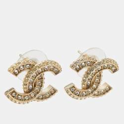 Pre Owned Chanel CC Crystals Enamel Gold Tone Earrings 