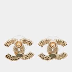 Pre Owned Chanel CC Crystals Enamel Gold Tone Earrings 