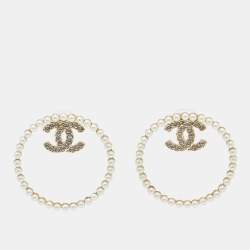 Pre Owned Chanel CC Crystals Faux Pearl Gold Tone Earrings