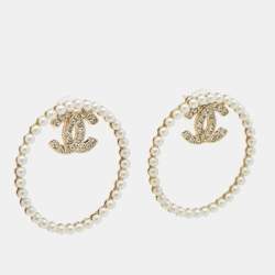 Pre Owned Chanel CC Crystals Faux Pearl Gold Tone Earrings
