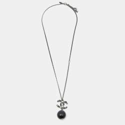 Pre Owned Chanel CC Bead Faux Pearl Gunmetal Tone Necklace