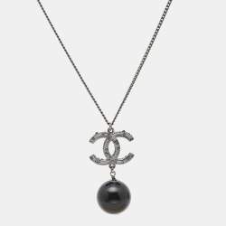 Pre Owned Chanel CC Bead Faux Pearl Gunmetal Tone Necklace