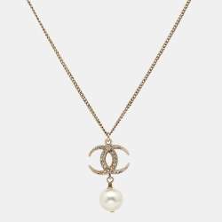 Pre Owned Chanel CC Faux Pearl Crystals Gold Tone Metal Pendant Necklace