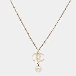 Pre Owned Chanel CC Faux Pearl Crystals Gold Tone Metal Pendant Necklace