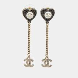 Pre Owned Chanel  CC Heart Crystals Faux Pearl Gold Tone Drop Earrings