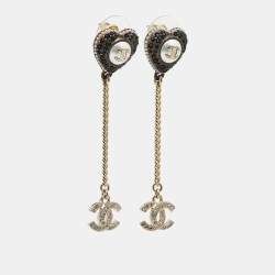 Pre Owned Chanel  CC Heart Crystals Faux Pearl Gold Tone Drop Earrings