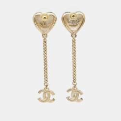 Pre Owned Chanel  CC Heart Crystals Faux Pearl Gold Tone Drop Earrings