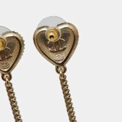 Pre Owned Chanel  CC Heart Crystals Faux Pearl Gold Tone Drop Earrings