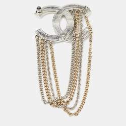 Pre Owned Chanel Strass CC Multi-Chain Crystals Two Tone Pin Brooch