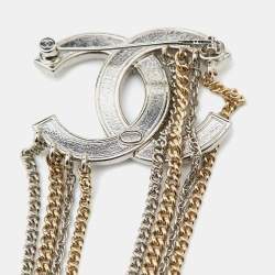 Pre Owned Chanel Strass CC Multi-Chain Crystals Two Tone Pin Brooch