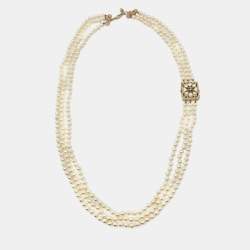 Pre Owned Chanel CC Faux Pearl Resin Gold Tone Multi Strand Neckalce