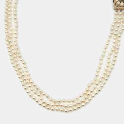 Pre Owned Chanel CC Faux Pearl Resin Gold Tone Multi Strand Neckalce