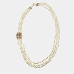Pre Owned Chanel CC Faux Pearl Resin Gold Tone Multi Strand Neckalce