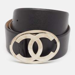 Pre Owned Chanel Black Leather CC Oval Logo Buckle Belt 90CM