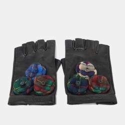 Pre Owned Chanel Black Camellia Fingerless Leather Gloves