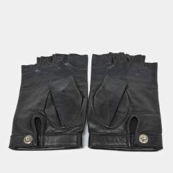 Pre Owned Chanel Black Camellia Fingerless Leather Gloves