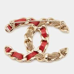 Pre Owned Chanel  CC Red Leather Gold Tone Brooch