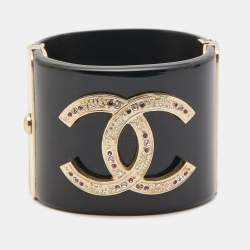 Pre Owned Chanel CC Resin Crystal Studded Gold Tone Wide Cuff Bracelet