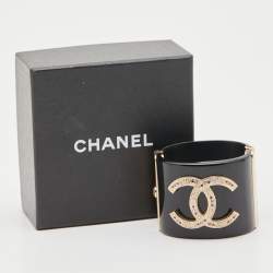 Pre Owned Chanel CC Resin Crystal Studded Gold Tone Wide Cuff Bracelet