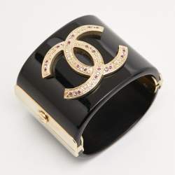 Pre Owned Chanel CC Resin Crystal Studded Gold Tone Wide Cuff Bracelet