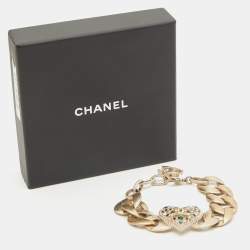 Pre Owned Chanel CC Enamel Crystals Faux Pearl Gold Tone Bracelet