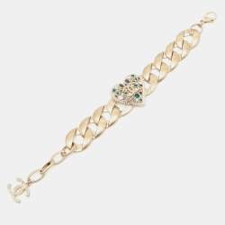 Pre Owned Chanel CC Enamel Crystals Faux Pearl Gold Tone Bracelet