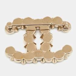 Pre Owned Chanel CC Faux Pearl Crystals Gold Tone Pin Brooch