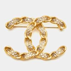 Pre Owned Chanel CC Crystal Embellished Gold Tone Pin Brooch