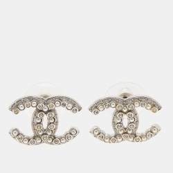 Pre Owned Chanel CC Crystals Faux Pearl Silver Tone Earrings