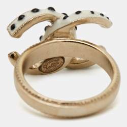 Pre Owned Chanel CC Enamel Gold Tone Ring Size 52