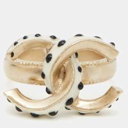 Pre Owned Chanel CC Enamel Gold Tone Ring Size 52