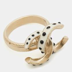Pre Owned Chanel CC Enamel Gold Tone Ring Size 52